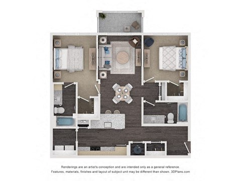Floor plan for 2 beds, 2 baths, 1018 sqft